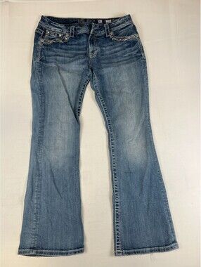Miss Me Womens 31 Easy Boot Mid Rise Embellished Blue Denim Jeans Vtg 76 Wash